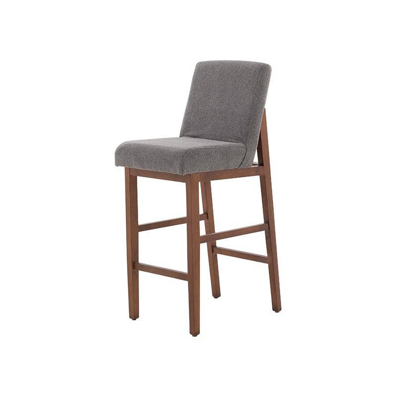 Banco Inglaterra de madera y chapa de parota con tapizado de tela en estilo industrial, frente 42 cm, alto 111 cm, fondo 59 cm.