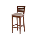 Banco para barra Banco Deus de cuero con tapizado de caoba y patas de madera, 38 cm de alto, en vista frontal.