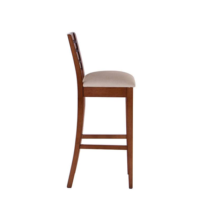 Banco Deus de bancos de madera con chapa de caoba, tapizado de cuero, frente y dimensiones de 38x104x34 cm.
