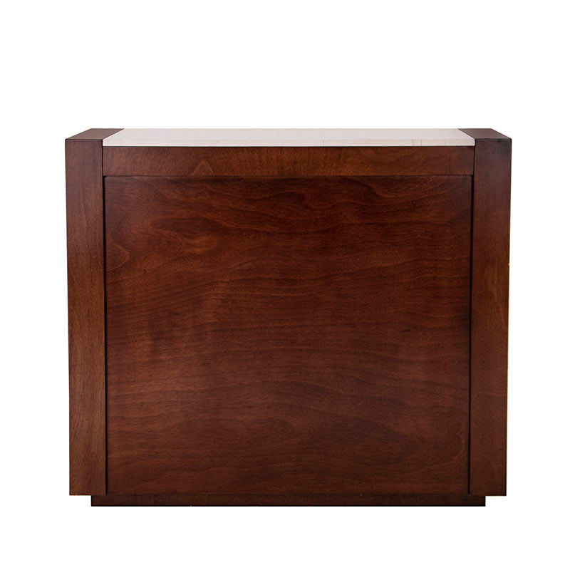 Barra Deus de madera con chapa de caoba y mármol, 120 cm de ancho, 105 cm de alto y 45 cm de fondo, en tonos café y tabaco