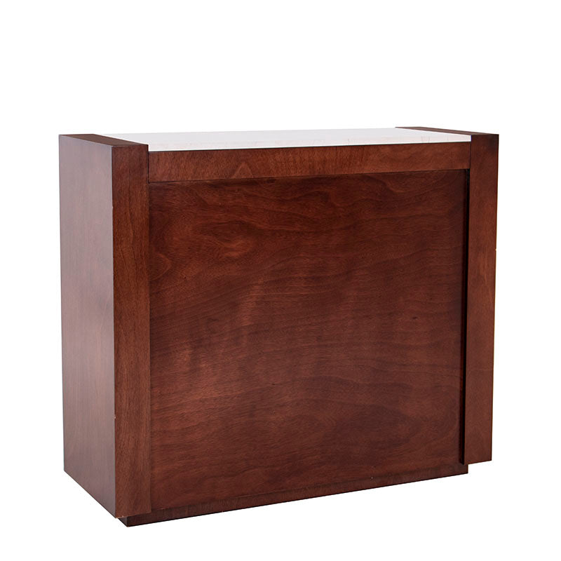 Barra Deus de madera con chapa de caoba y mármol, dimensiones 120x105x45 cm, en acabado elegante.