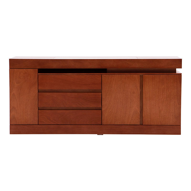 Buffet Tamayo de madera con acabado en caoba y placa de mármol, mide 180 cm de ancho, 80 cm de alto y 40 cm de fondo.