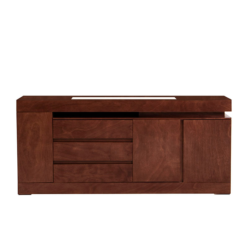 Buffet Tamayo de madera con acabado en chapa de caoba y placa de mármol, mide 180 cm de ancho, 80 cm de alto y 40 cm de fondo.
