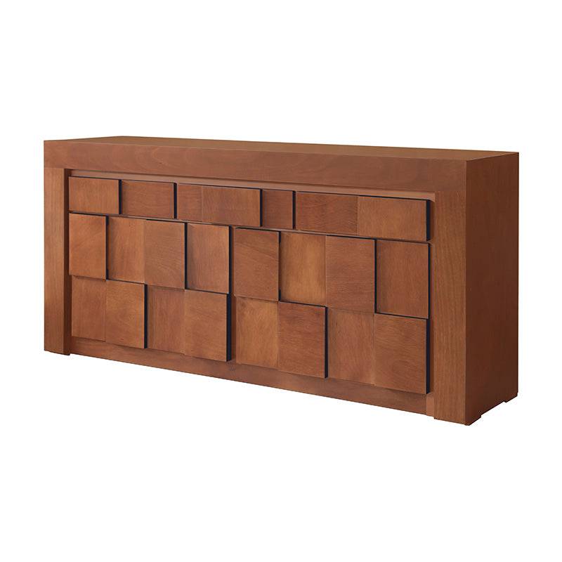 Buffet Quetzal de madera con chapa de okume y parota, de 200 cm de largo, estilo industrial y acabado en tonos cálidos.
