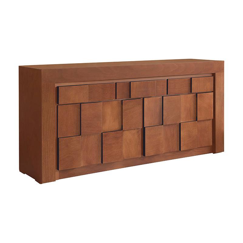 Buffet Quetzal de madera industrializada con chapa de okumé y parota, frente de 200 cm, alto 96 cm y fondo 45 cm.