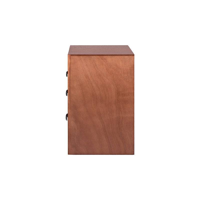 Buró Siena de madera de banak, chapa de encino y okume, con franja de leather touch, en color café y almendra, 70x70x45 cm