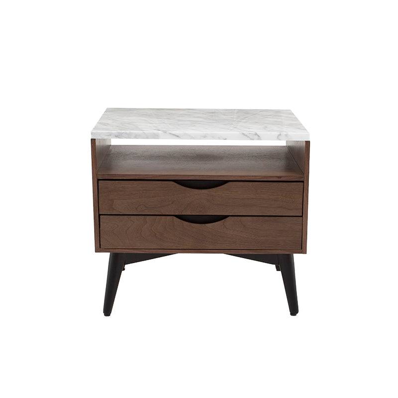 Buró húngaro de madera nogal y chapa de mármol blanco, con diseño industrial y dimensiones de 55x50x40 cm.