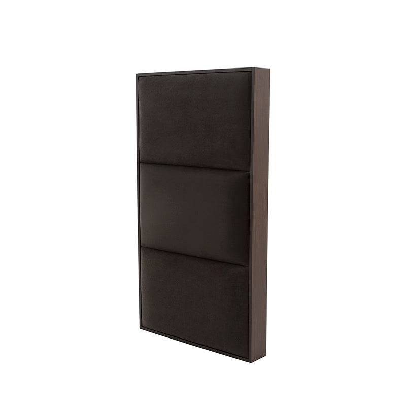 Buró de pared Boston de madera oscura con tapiz de tela microfibra, frente de 60 cm, alto 100 cm y fondo 10 cm, estilo industrial.