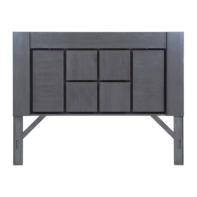 Cabecera Durham de madera de pino gris claro, con grabado y diseño industrial, mide 204 cm de ancho, 162 cm de alto y 10 cm de fondo
