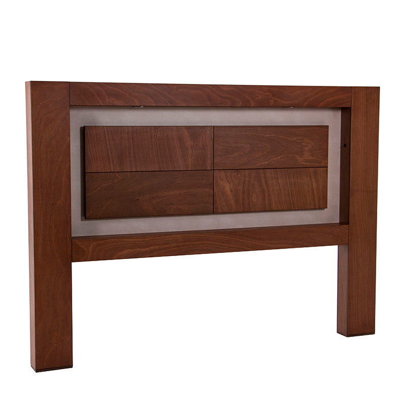 Cabecera de madera México de Deurope con chapa de okumé en tono mandarín, 210 cm de ancho, 150 cm de alto y 10 cm de fondo.