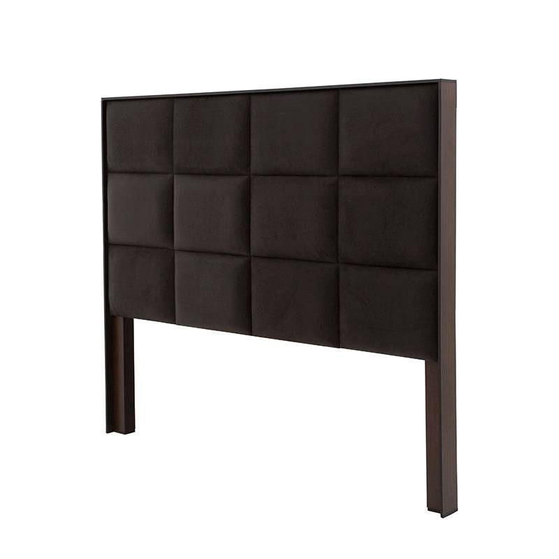 Cabecera Boston de madera oscura con tapiz de tela microfibra en estilo industrial, frente de 200 cm, alta y moderna.