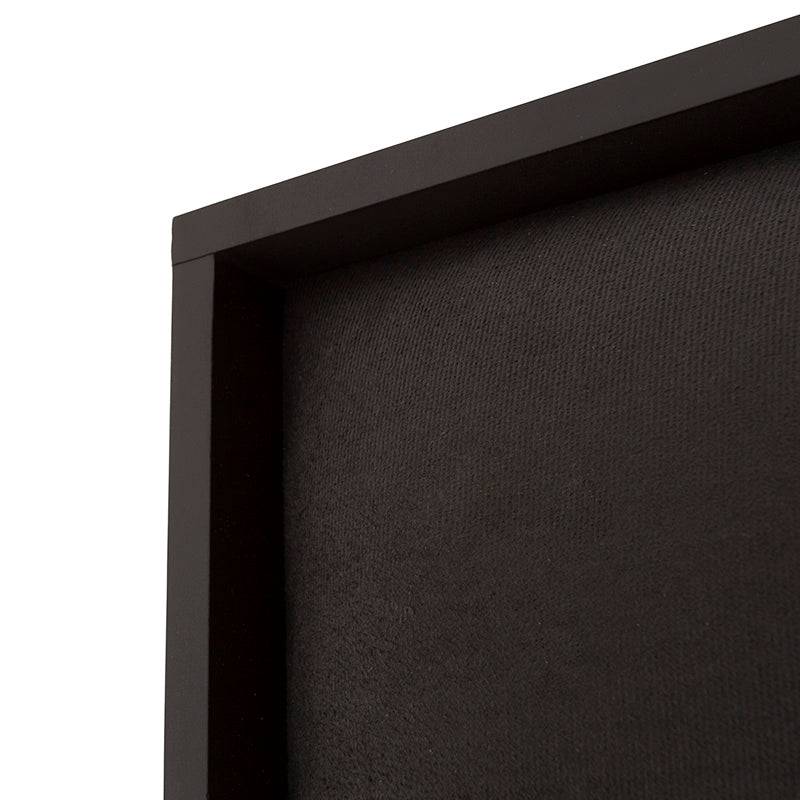 Cabecera Boston de madera oscura con tapiz de tela microfibra, estilo industrial, mide 200 cm de ancho y 170 cm de alto.