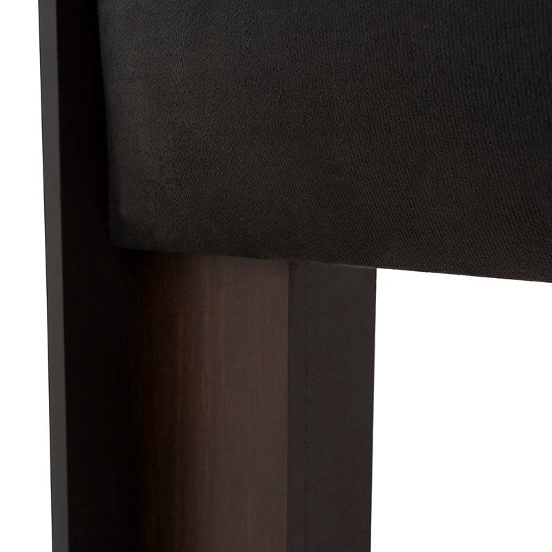 Cabecera Boston de madera en nogal oscuro con tapiz de microfibra, dimensiones 200x170x14 cm, estilo industrial elegante.