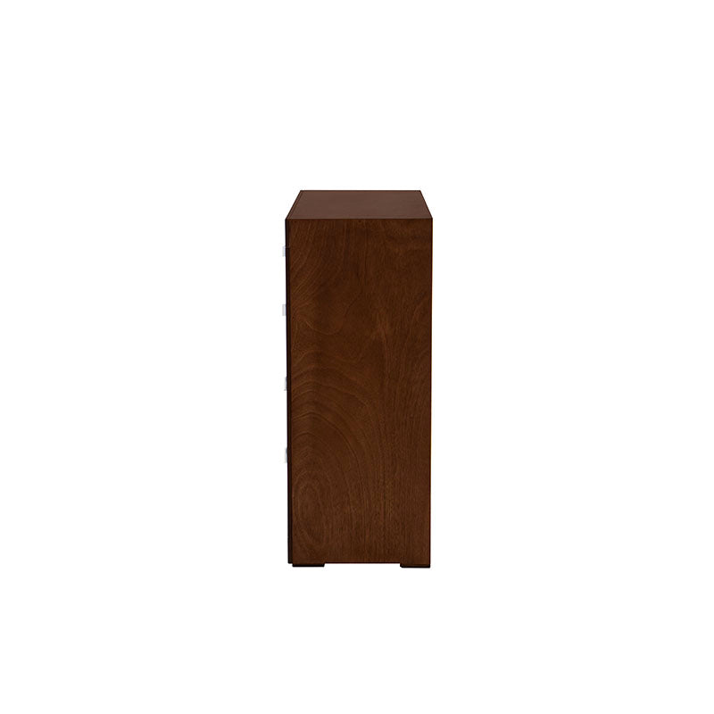 Cajonera Noruega de madera de chapa de okumé, con cuatro cajones en acabado mandarino, de 100 cm de alto y 40 cm de fondo.