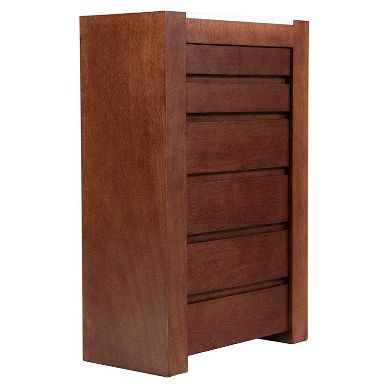 Cajonera Mond de Deurope con acabado en chapa de caoba, mármol en la parte frontal, tamaño 80x120x40 cm, en color tabaco.
