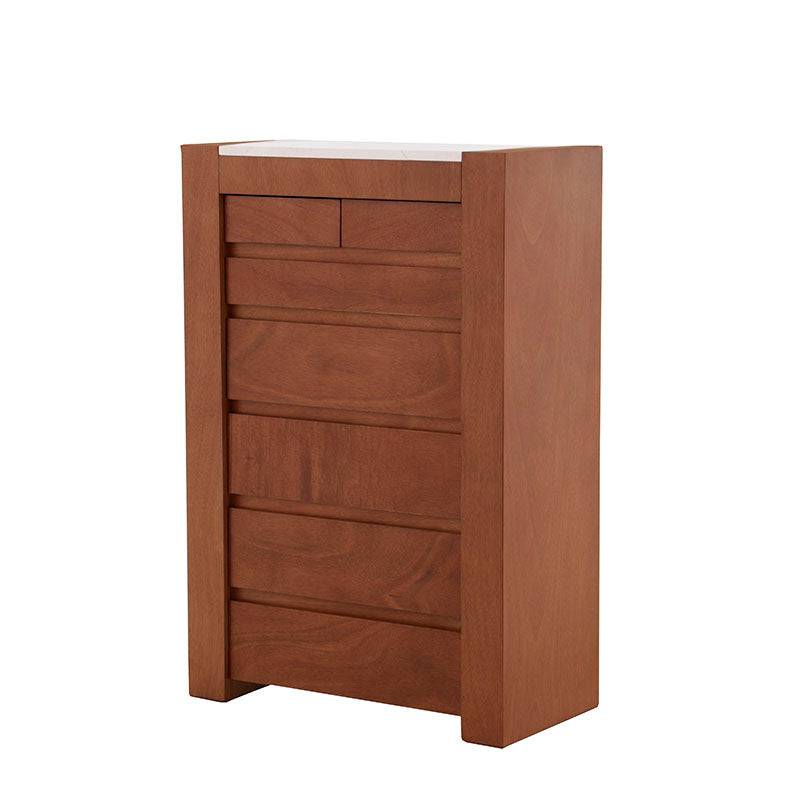 Cajonera deoupe.com.mx, modelo Mond en acabado tabaco con chapa de caoba y placa de mármol, dimensiones 80x120x40 cm.
