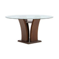 Mesa de comedor Tulip de color nogal, de estilo moderno, con superficie lisa y estructura elegante en madera.