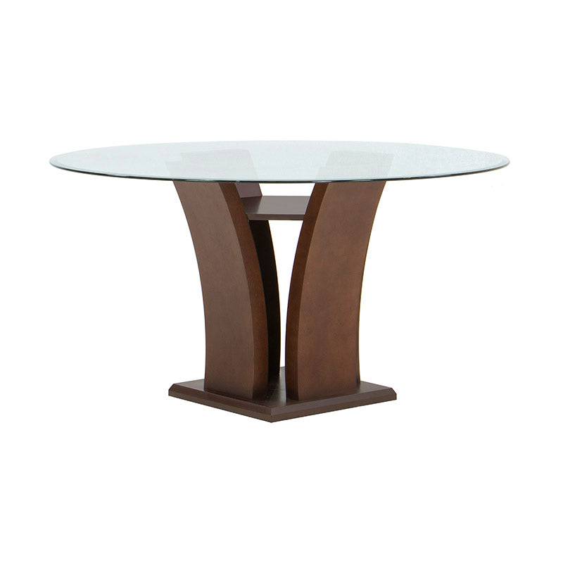 Mesa de comedor Tulip de color nogal, de estilo moderno, con superficie lisa y estructura elegante en madera.