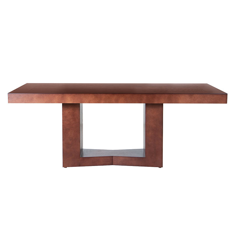 Mesa de comedor Quebec de madera de Banak y encino, con acabado en nogal, en color café, de 210 cm de largo y 78 cm de alto.