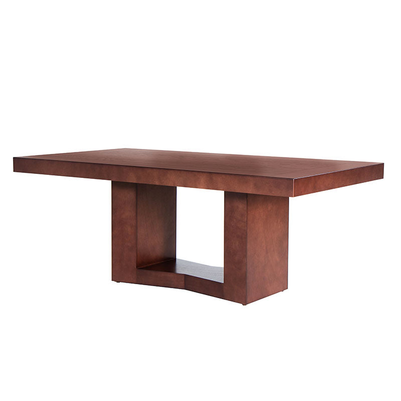 Mesa de comedor Quebec de madera de nogal, encino y okumé, con superficie en chapa, de 210 cm de largo y 78 cm de alto.
