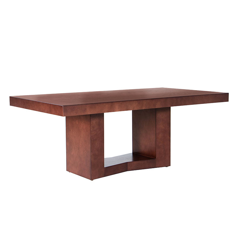 Mesa de comedor Quebec de madera de nogal, encino y okumé, con acabado en chapa, frente de 210 cm, altura 78 cm y fondo 110 cm.