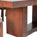 Juego de comedor de 9 piezas en madera de nogal y encino, con mesa de 210 cm de largo, en tono café oscuro.