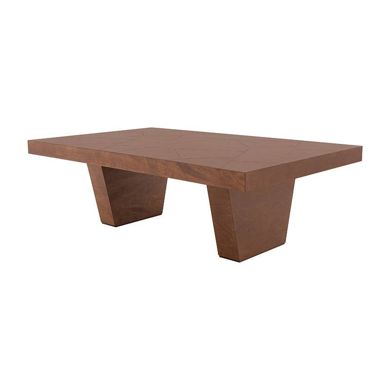 Mesa de comedor Quetzal de estilo industrial con superficie de chapa de okume, en color café tabaco, de 220 cm de largo.