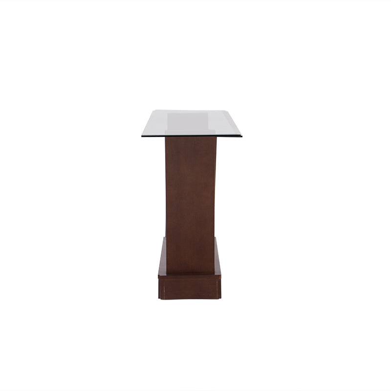 Consola Tulip de madera en color nogal con cubierta de cristal, de aproximadamente 160 cm de largo y 83 cm de alto.