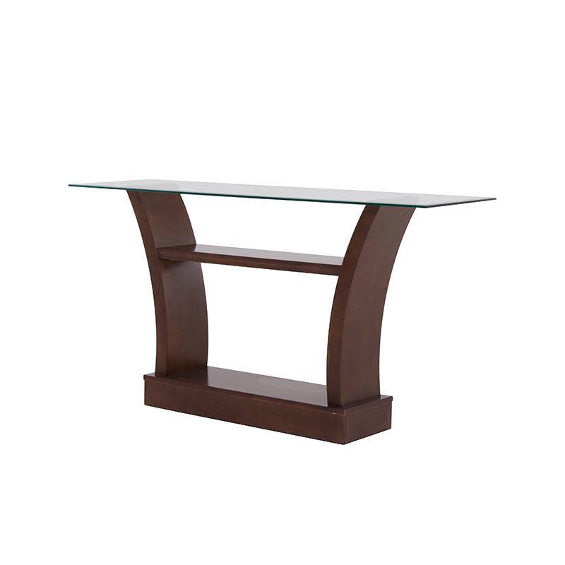 Consola Tulip de madera nogal con cubierta de cristal, 160 cm de ancho, diseño elegante y moderno.