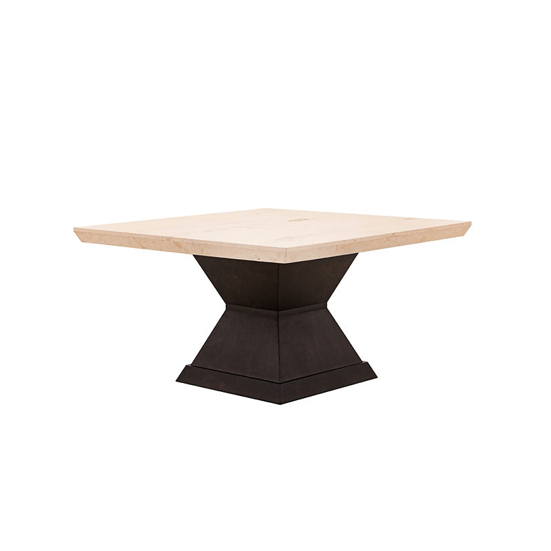 Mesa de comedor Mond de Deurope con chapa de caoba, cubierta de mármol beige, tamaño 140x78x140 cm.