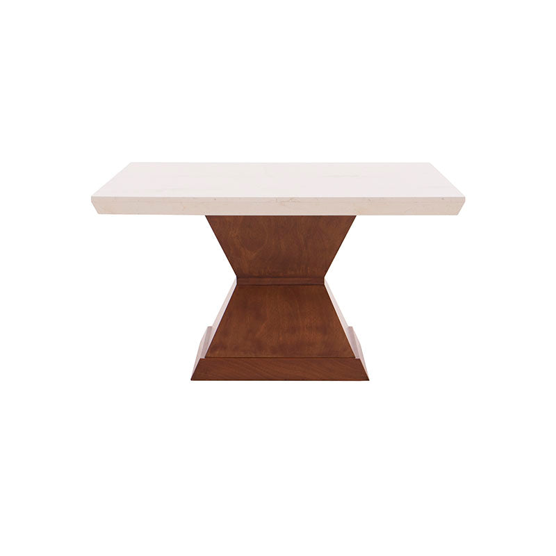 Mesa de comedor Mond de Deurope con tapa de mármol, estructura en chapas de caoba, tamaño 140x78x140 cm, en tono tabaco.