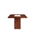 Juego de comedor Quetzal de 9 piezas con mesa de madera y mármol, en tonos tabaco y caoba, de diseño elegante y espacioso.