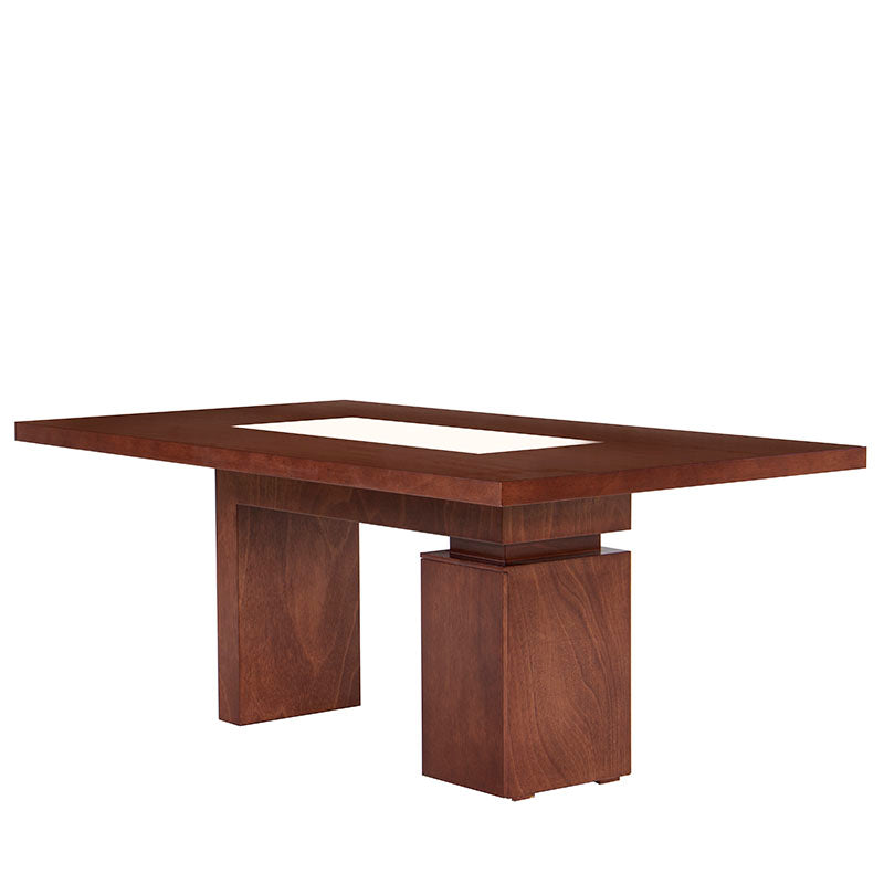 Mesa de comedor Tamayo de cuero y caoba con tapa de mármol, 200 cm de largo, moderna y elegante.