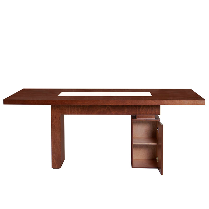Mesa de comedor Tamayo deurope.com.mx en chapa de caoba, con placa de mármol, dimensiones 200x80x110 cm, estilo elegante y moderno.