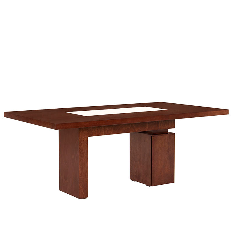 Mesa de comedor Tamayo de Euurope con tapa de caoba, mármol y estructura en color tabaco, mide 200x80x110 cm.