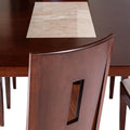 Juego de comedor Quetzal de 9 piezas con mesa de madera y mármol, en tonos tabaco y caoba, de estilo elegante y moderno.