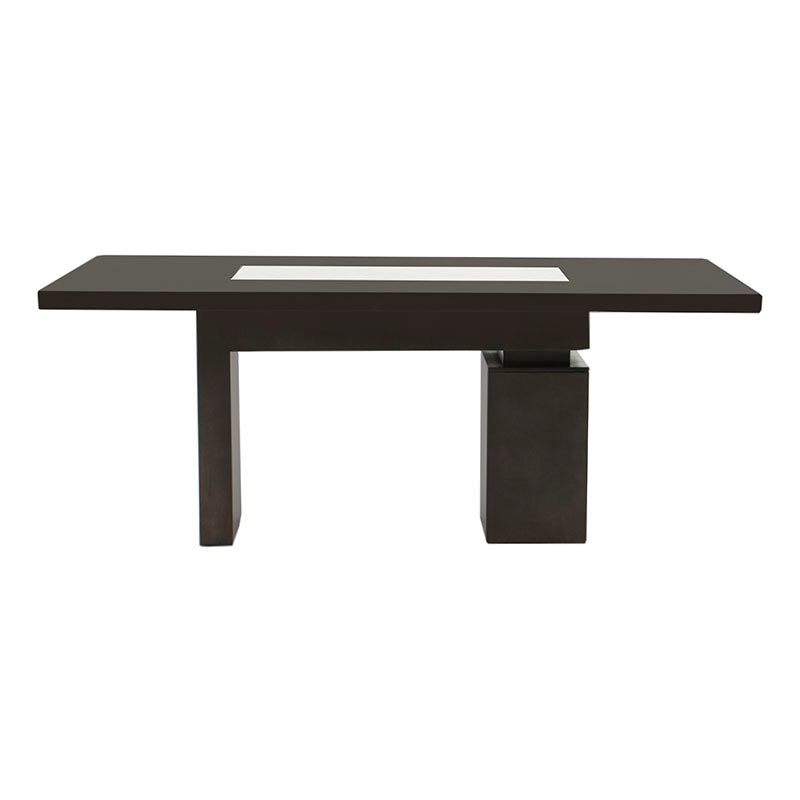 Mesa de comedor Tamayo de madera con chapa de caoba y placa de mármol, mide 200x80x110 cm, en tonos tabaco.