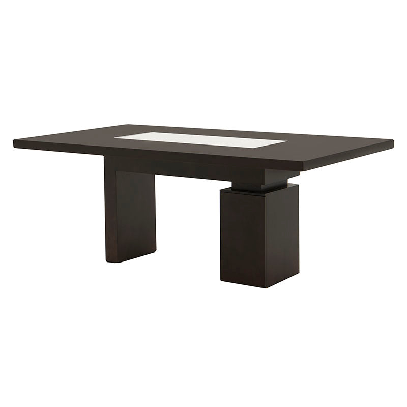 Mesa de comedor Tamayo deurope.com.mx con tapa de caoba, mármol y estructura de madera en tono tabaco, mide 200x80x110 cm.