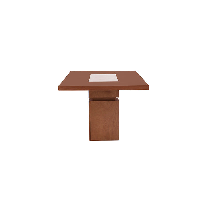 Mesa de comedor Tamayo de madera y mármol, tablero en tono tabaco, con estructura de chapa de caoba, tamaño 200x80x110 cm.