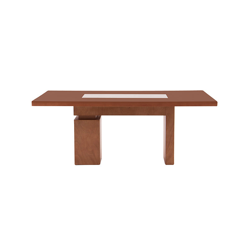 Mesa de comedor Tamayo de acero con acabados en chapa de caoba y placa de mármol, 200 cm de largo y 80 cm de alto.