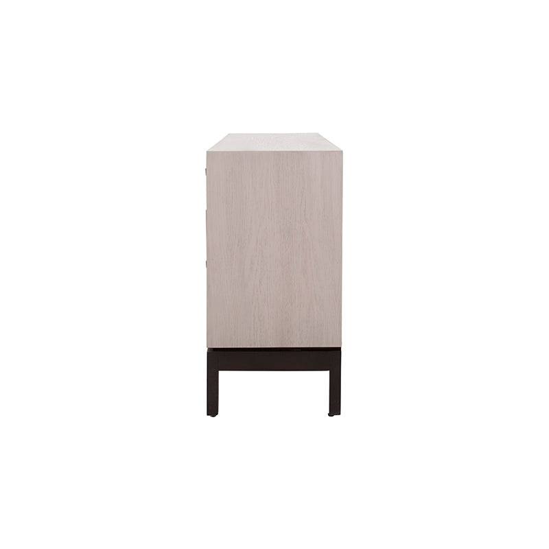 Cómoda Infinity de Deurope en color gris madera industrializada y encino, con 140 cm de ancho, 80 cm de alto y 40 cm de fondo.