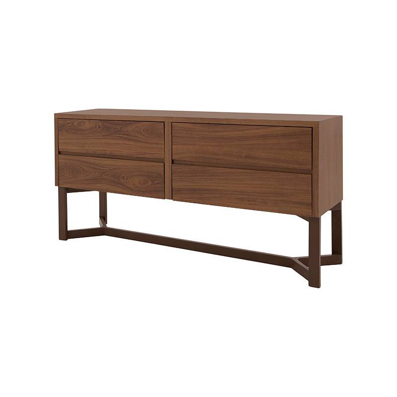 Cómoda Carolina de madera nogal y industrial, con 140 cm de ancho, 70 cm de alto y 37 cm de fondo, frente de la habitación.