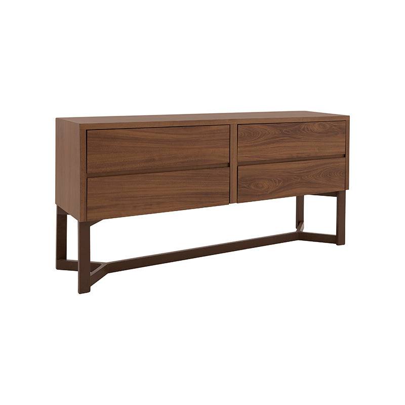 Cómoda Carolina de madera nogal con acabado industrial, frente de 140 cm, alto 70 cm y fondo de 37 cm, diseño moderno.