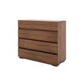 Cómoda Kenia de madera industrializada en color nogal con 4 cajones, frente de melamina, dimensiones 100x90x40 cm.