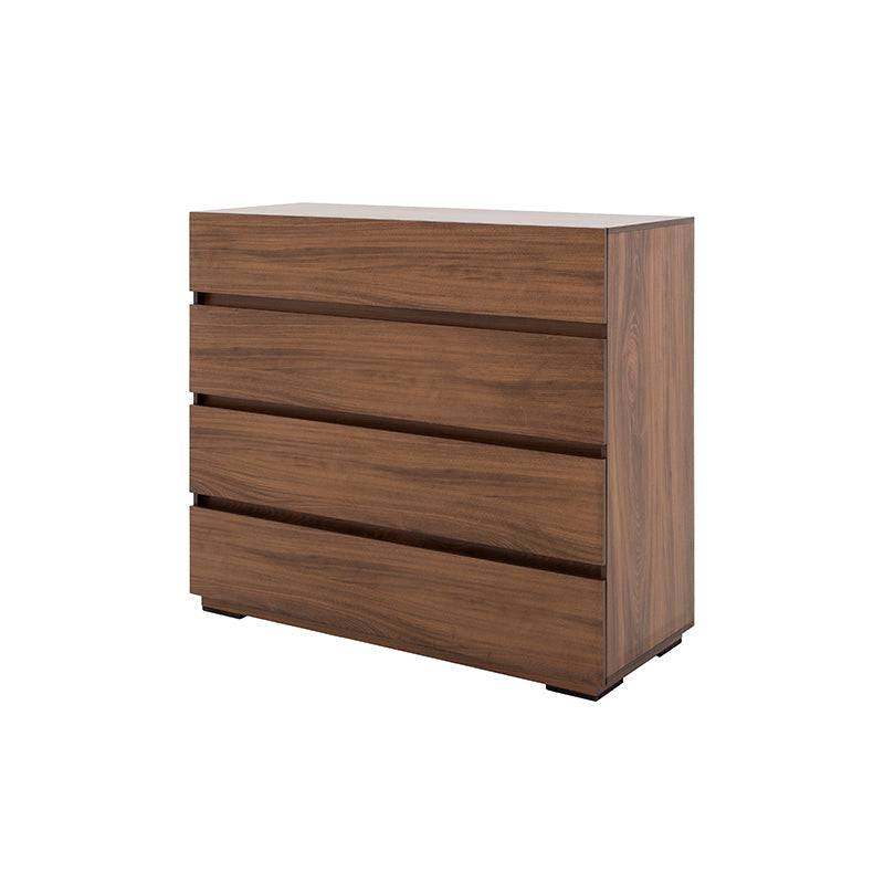 Cómoda Kenia de madera industrializada en color nogal con 4 cajones y diseño moderno, medida 100x90x40 cm.