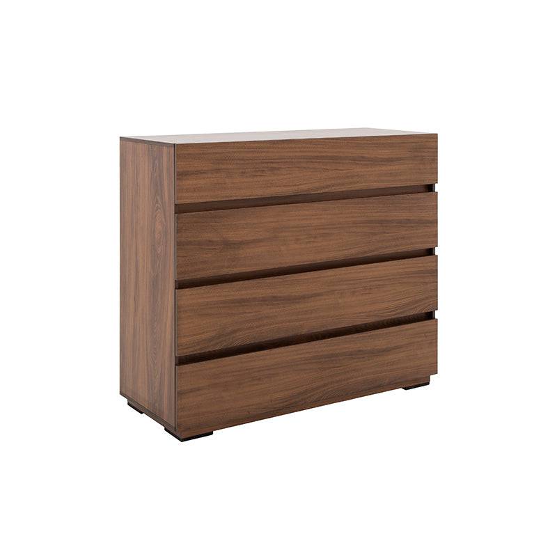 Cómoda Kenia de madera industrializada en color nogal con 4 cajones y estructura moderna, mide 100 cm de ancho, 90 cm de alto y 40 cm de fondo.