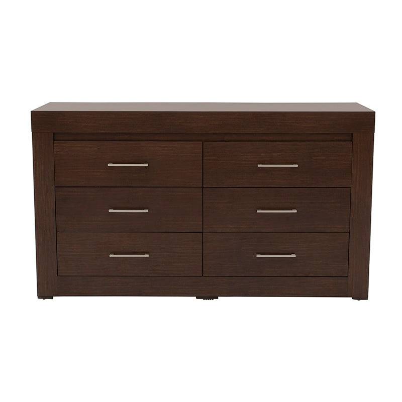 Cómoda Boston de madera oscura con acabado industrial, frente con 3 cajones grandes y estructura robusta en estilo moderno.
