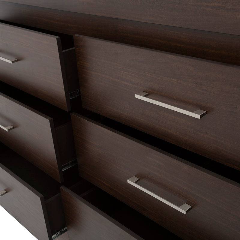 Cómoda Boston de madera oscura con diseño industrial, 160 cm de ancho, 90 cm de alto y 46 cm de fondo, en un estilo moderno.