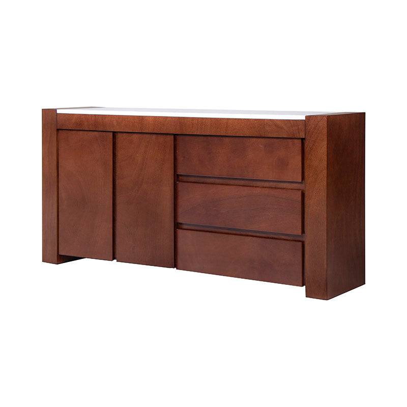 Cómoda Mond de madera con acabado en chapa de caoba y placa de mármol, mide 160 cm de ancho, 80 cm de alto y 40 cm de fondo.