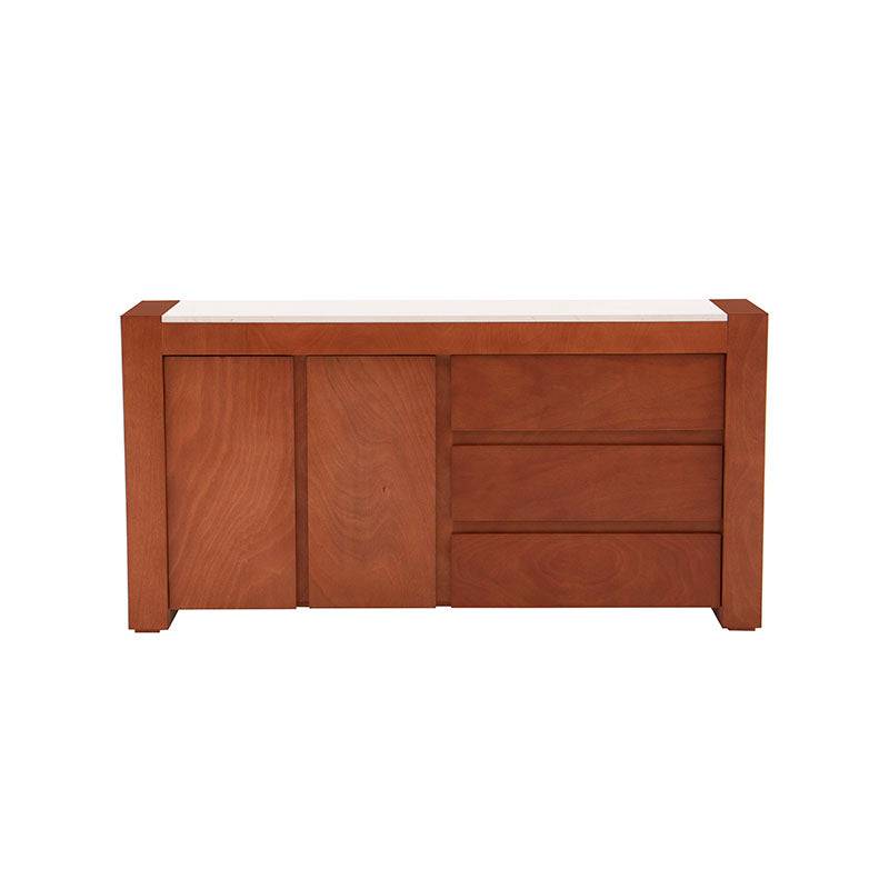 Cómoda Mond en madera de caoba con placa de mármol, frente Belagio, dimensiones 160x80x40 cm, en acabado tabaco.